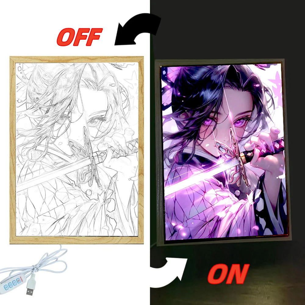 Anime Demon Slayer Action Figures Light Painting Photo Frame Tanjirou Nezuko Led Night Light Figurine Kimetsu No Yaiba Gifts