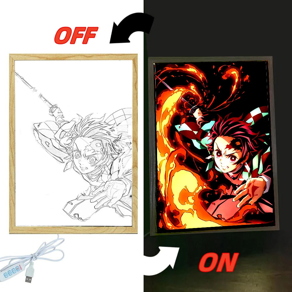 Anime Demon Slayer Action Figures Light Painting Photo Frame Tanjirou Nezuko Led Night Light Figurine Kimetsu No Yaiba Gifts