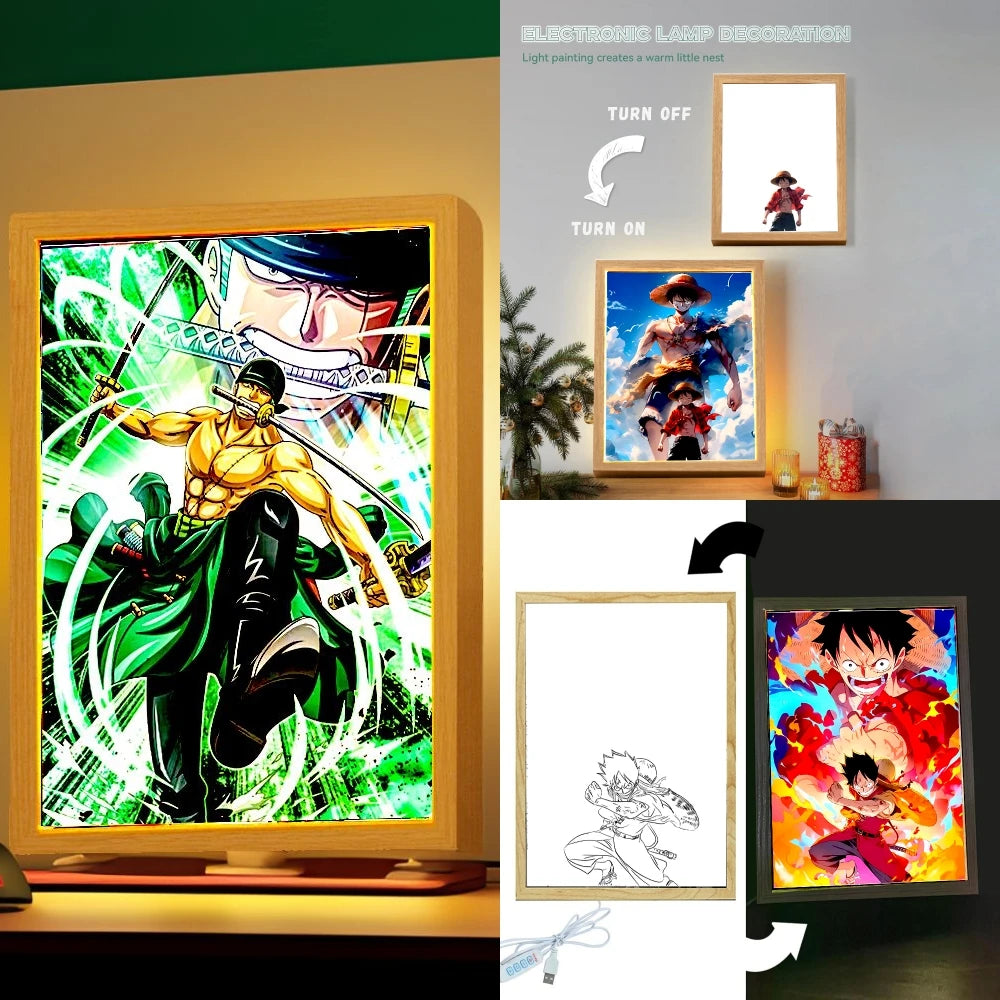 Anime Figure One Piece Light Painting Photo Frame Zoro Luffy Led Night Light Birthday Bedroom Decor Christmas Gifts Moon Lamp