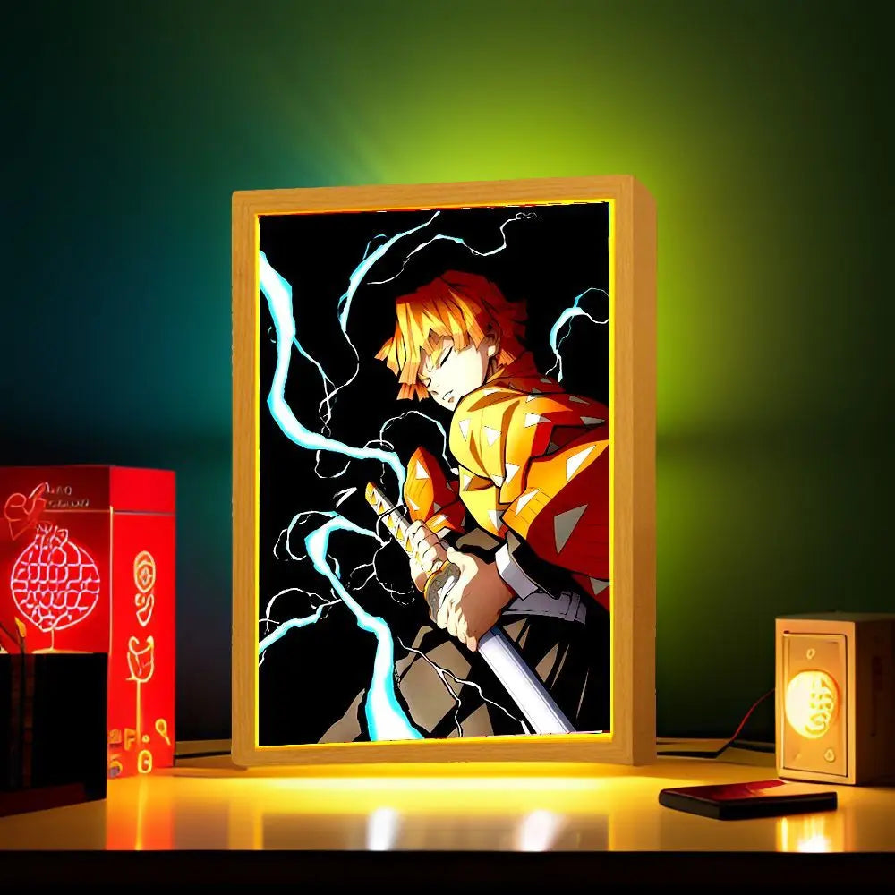 Anime Demon Slayer Action Figures Light Painting Photo Frame Tanjirou Nezuko Led Night Light Figurine Kimetsu No Yaiba Gifts