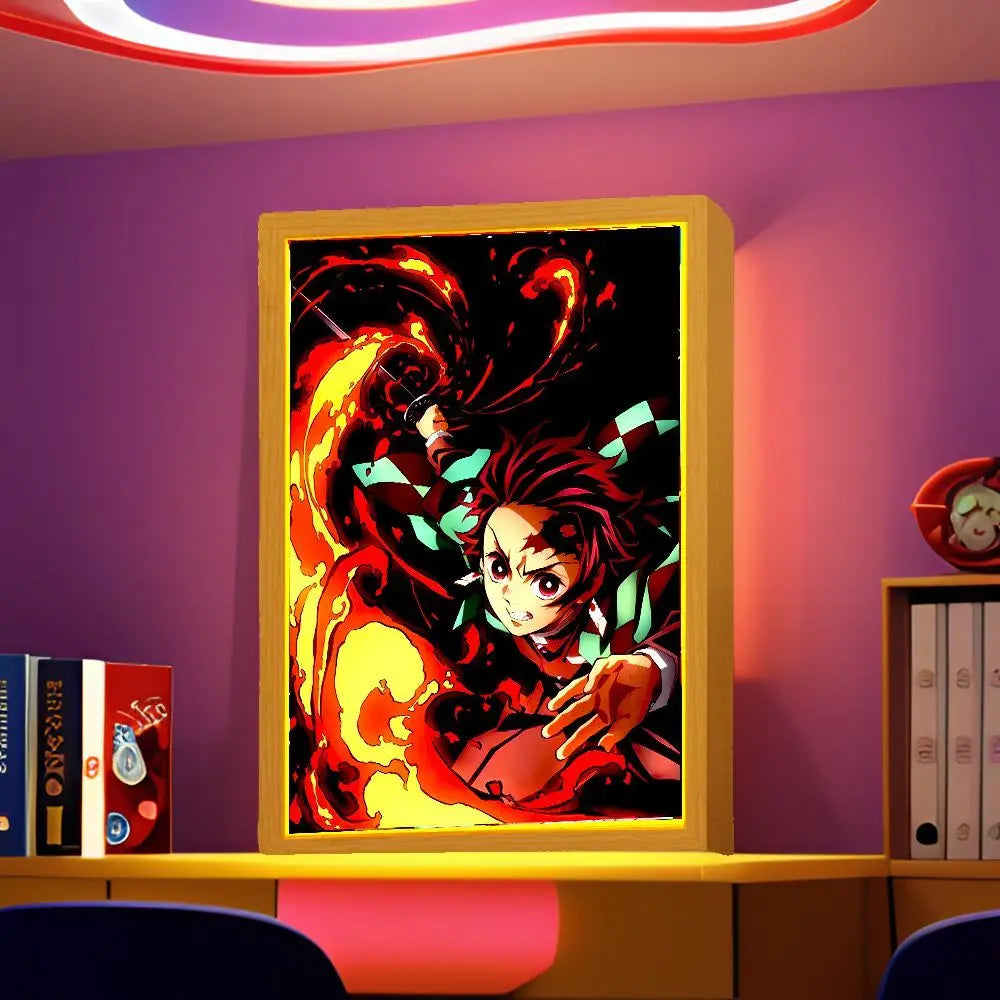 Anime Demon Slayer Action Figures Light Painting Photo Frame Tanjirou Nezuko Led Night Light Figurine Kimetsu No Yaiba Gifts